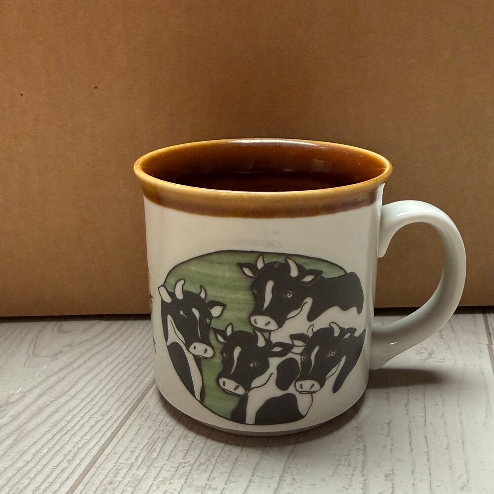 Vintage Cow Farm Coffee Mug Brown Rim Green Pasture Dairy Cattle Stoneware Cup